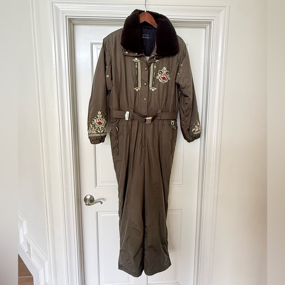 Vintage BOGNER Brown Embroidered Jumpsuit with Fur Collar - excellent condition